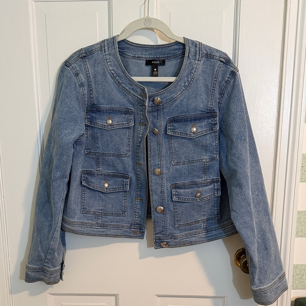 Aqua Light Blue Cropped Collarless Denim Jacket with Front Pockets Size XL